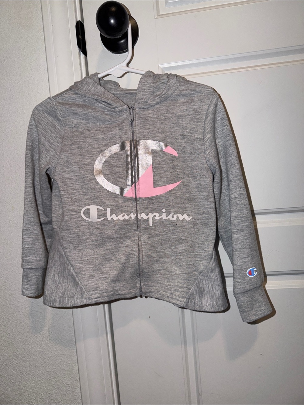 Champion Gray Zip Hoodie with Pink Logo Accent